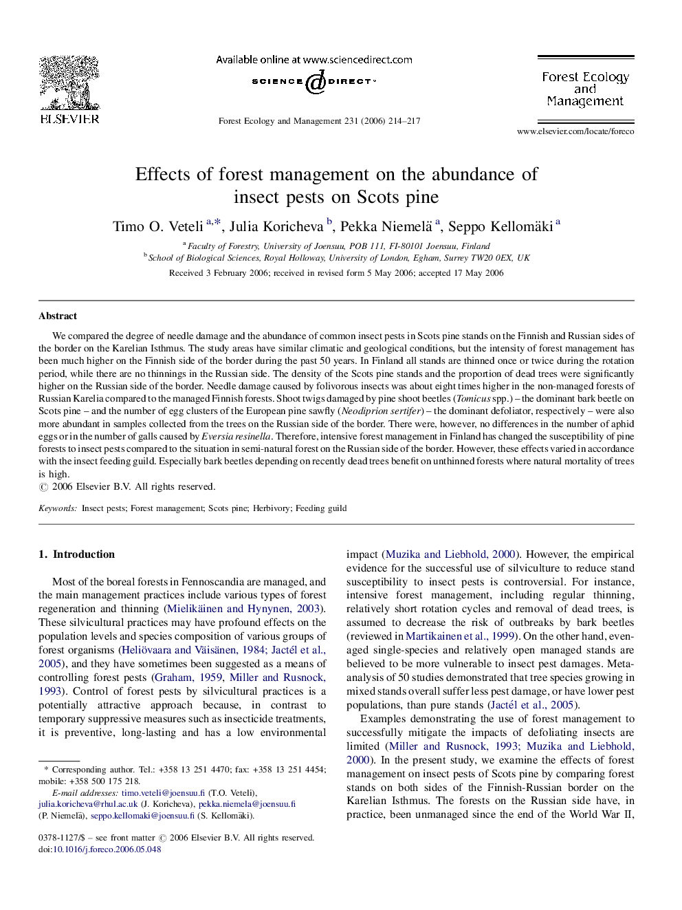 Effects of forest management on the abundance of insect pests on Scots pine