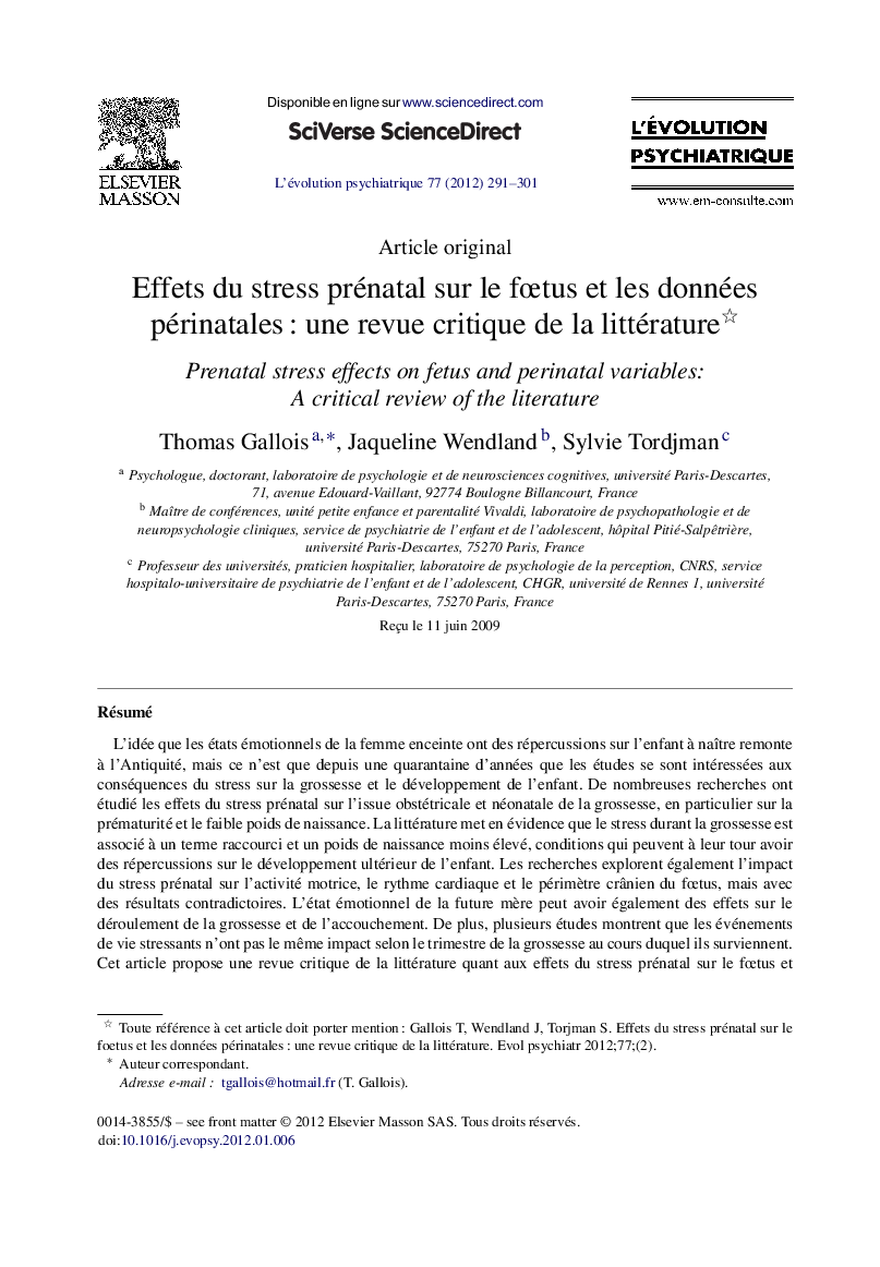 Effets du stress prénatal sur le fœtus et les données périnatales : une revue critique de la littérature 