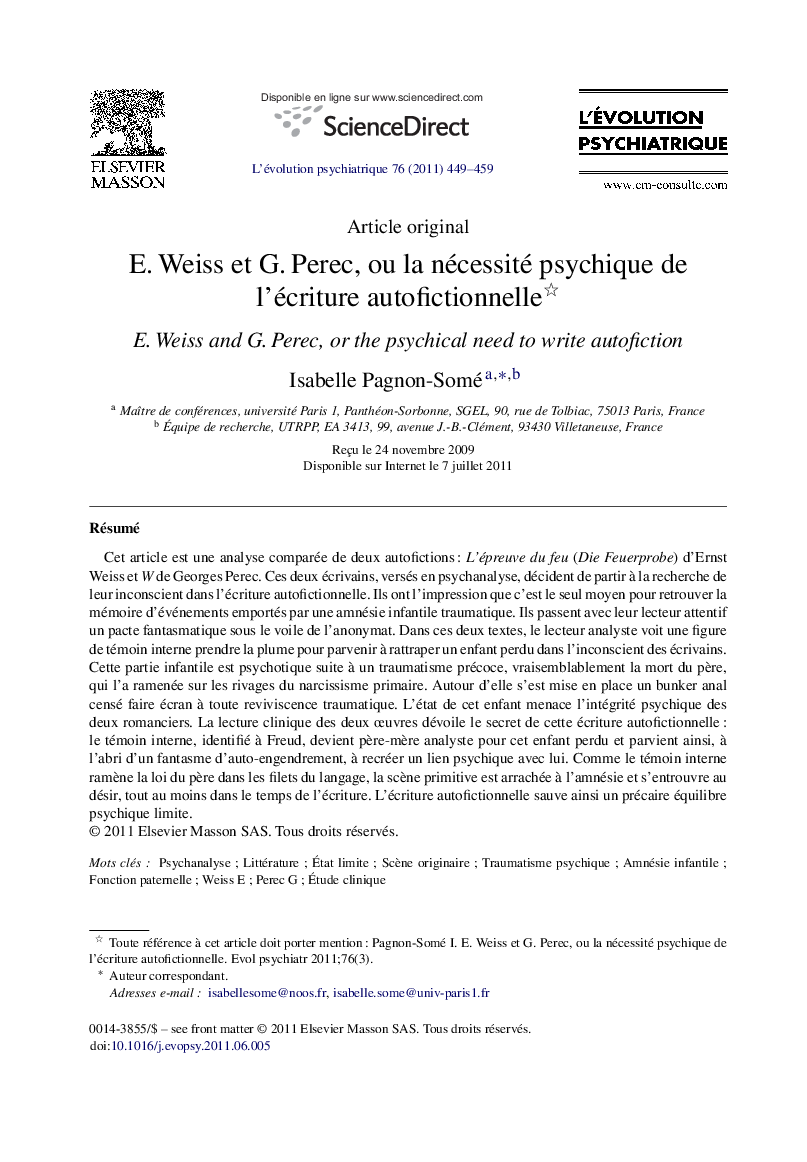 E. Weiss et G. Perec, ou la nécessité psychique de l’écriture autofictionnelle 