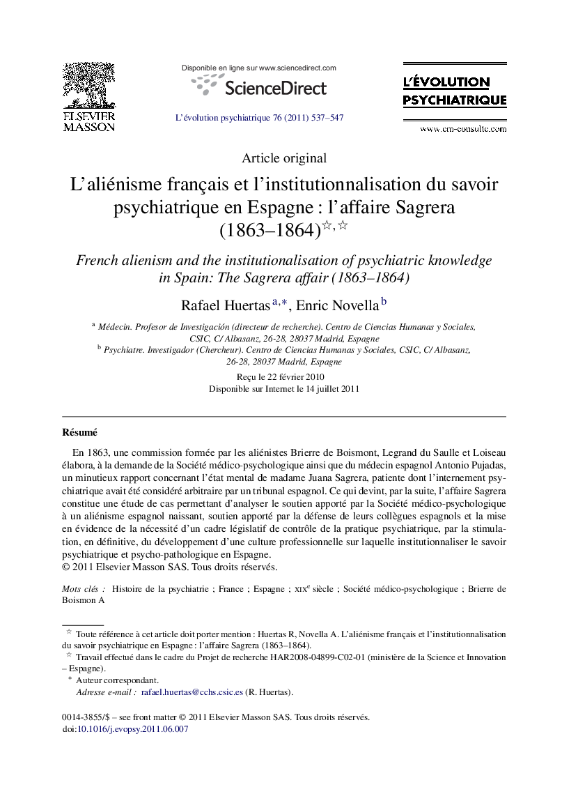 L’aliénisme français et l’institutionnalisation du savoir psychiatrique en Espagne : l’affaire Sagrera (1863–1864) 