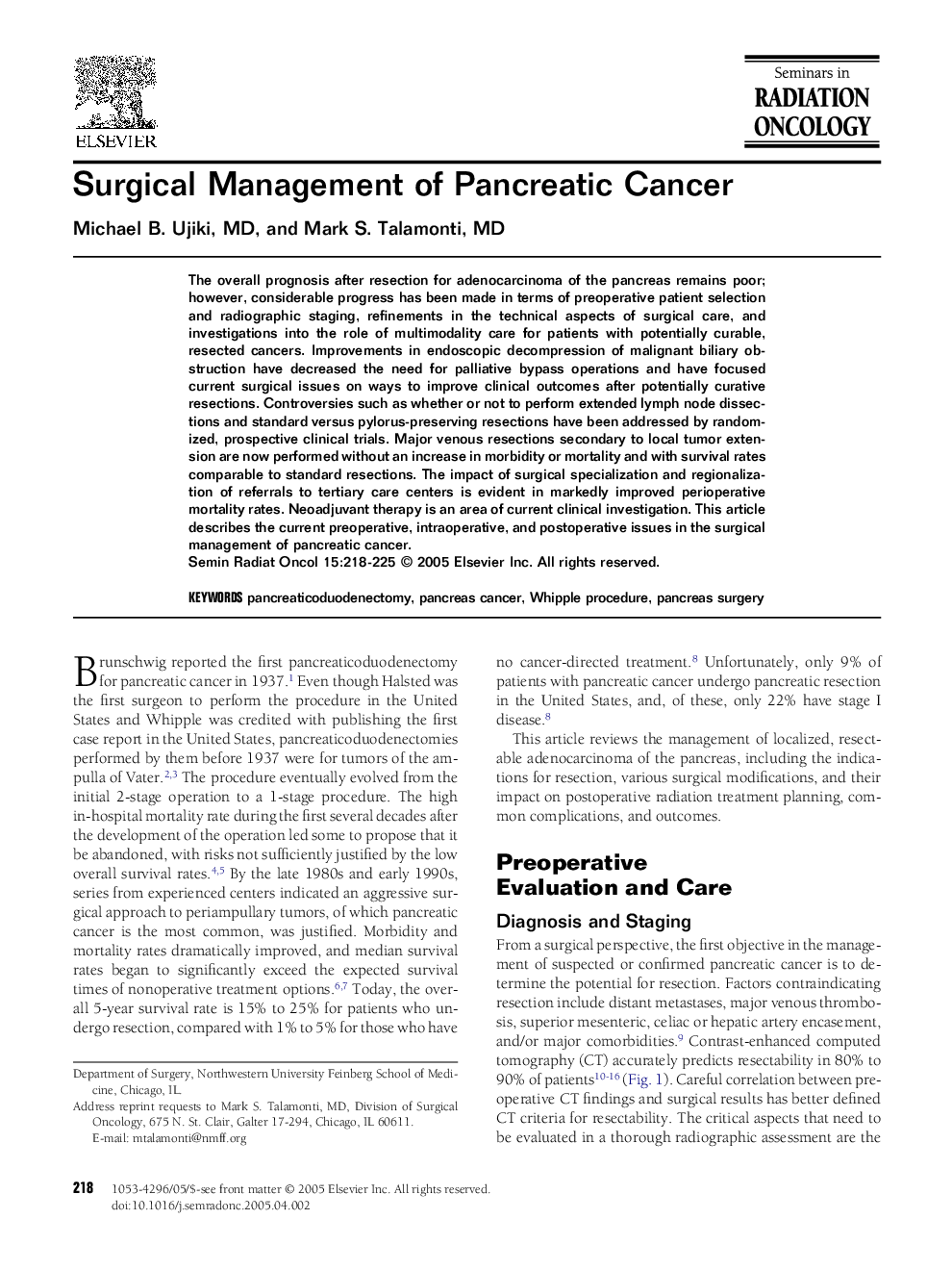 Surgical Management of Pancreatic Cancer