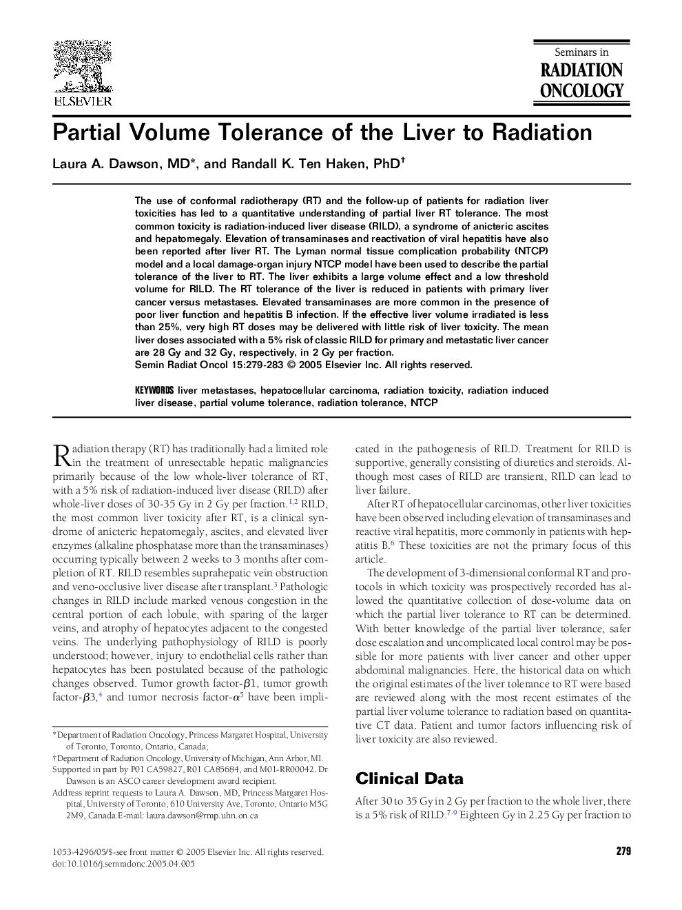 Partial Volume Tolerance of the Liver to Radiation