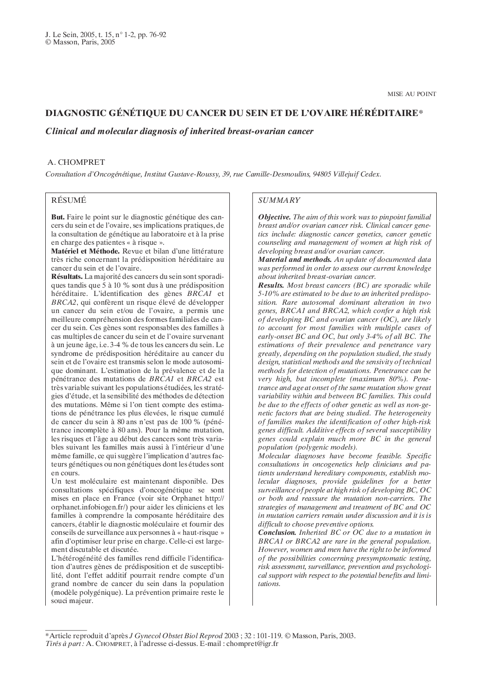 Diagnostic génétique du cancer du sein et de l'ovaire héréditaire