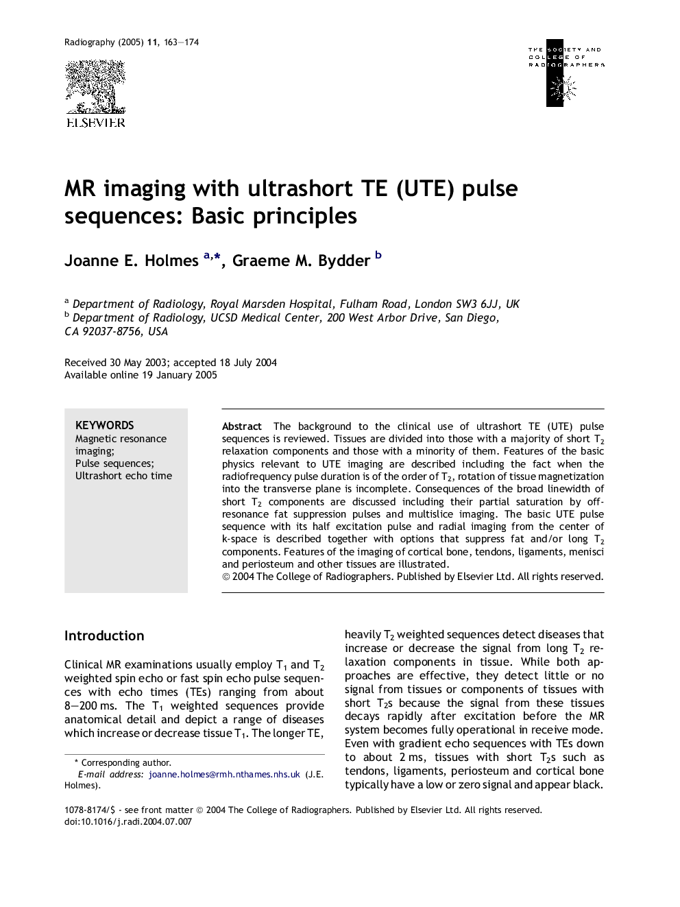 MR imaging with ultrashort TE (UTE) pulse sequences: Basic principles