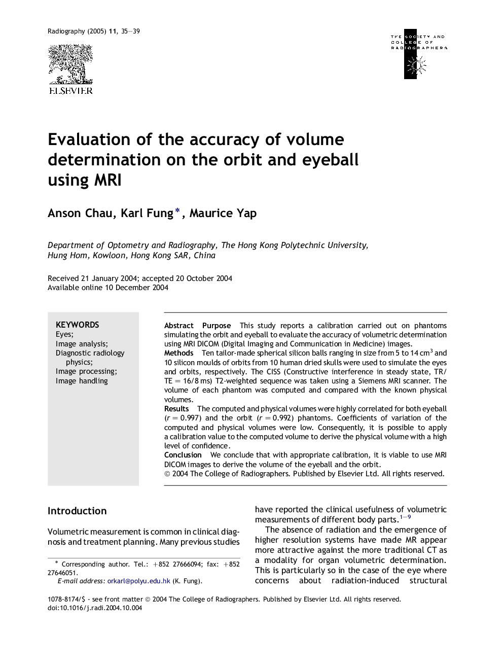 Evaluation of the accuracy of volume determination on the orbit and eyeball using MRI