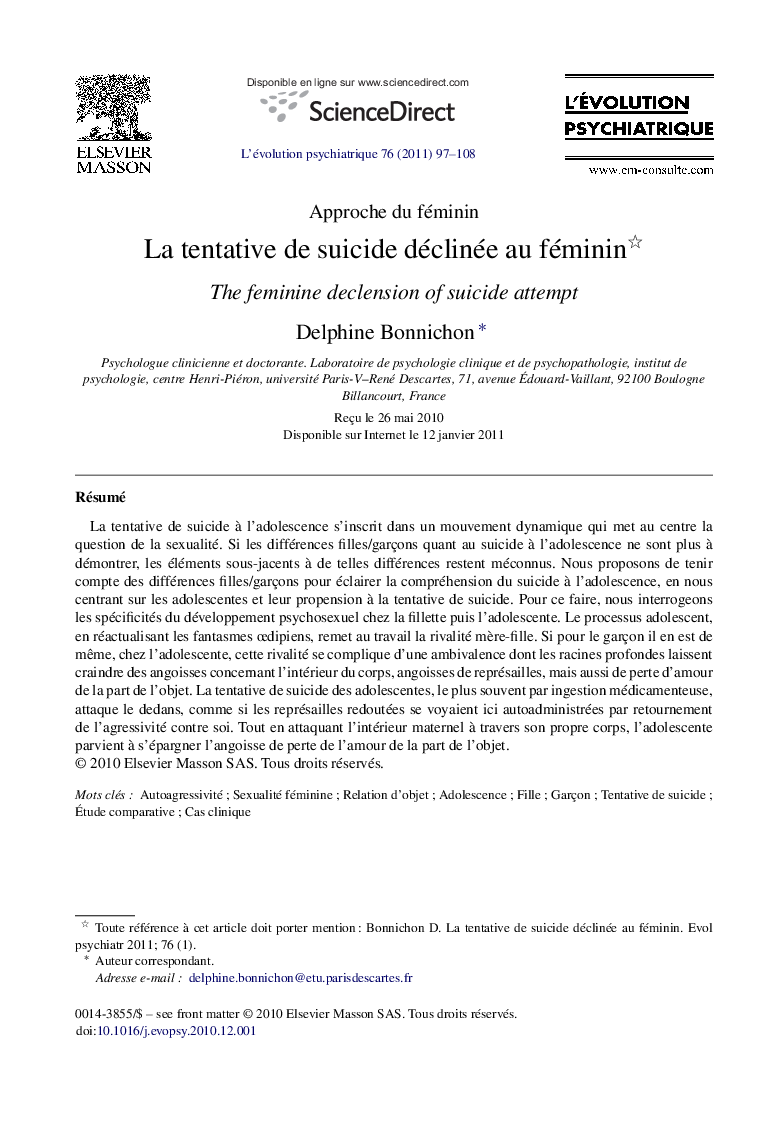 La tentative de suicide déclinée au féminin 