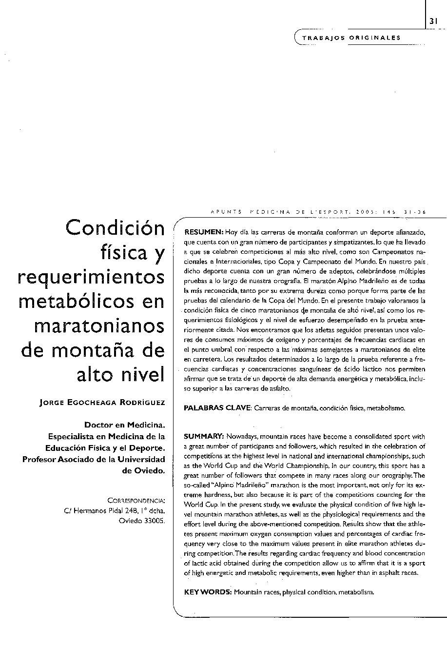 Condición fÃ­sica y requerimientos metabólicos en maratonianos de montaña de alto nivel