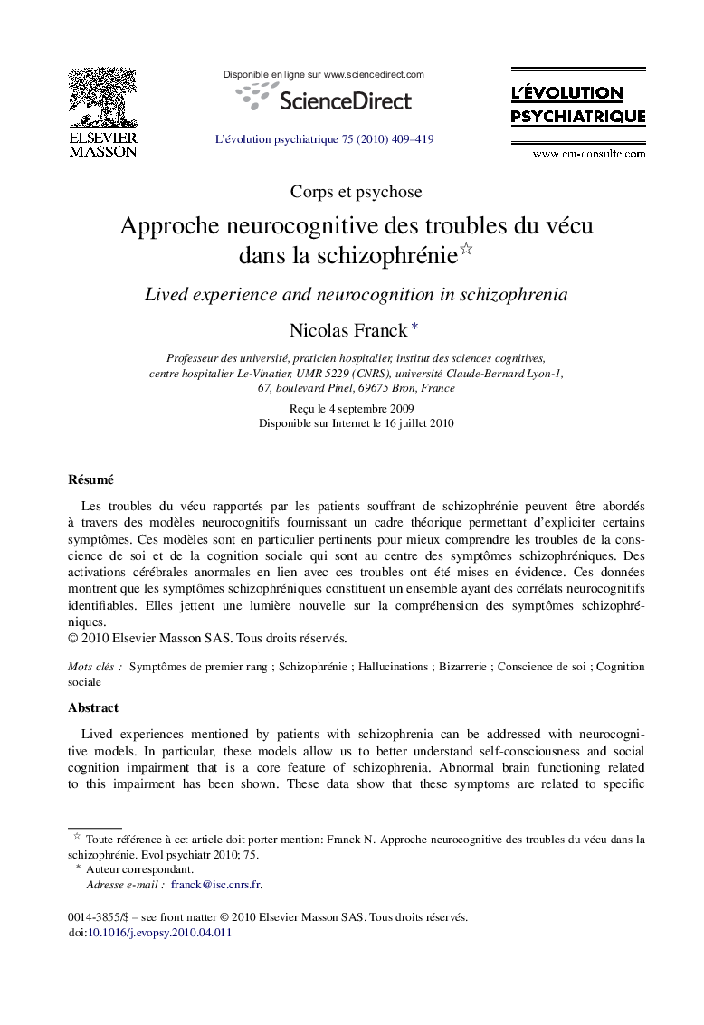 Approche neurocognitive des troubles du vécu dans la schizophrénie 