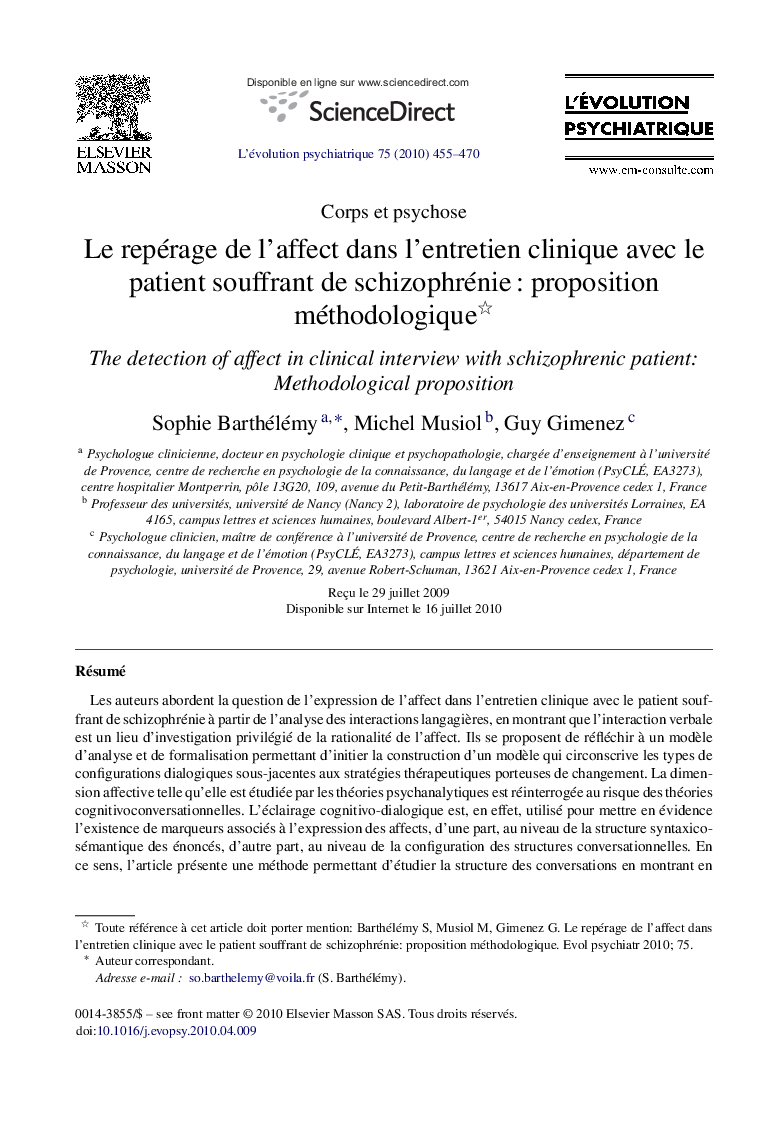 Le repérage de l’affect dans l’entretien clinique avec le patient souffrant de schizophrénie : proposition méthodologique 