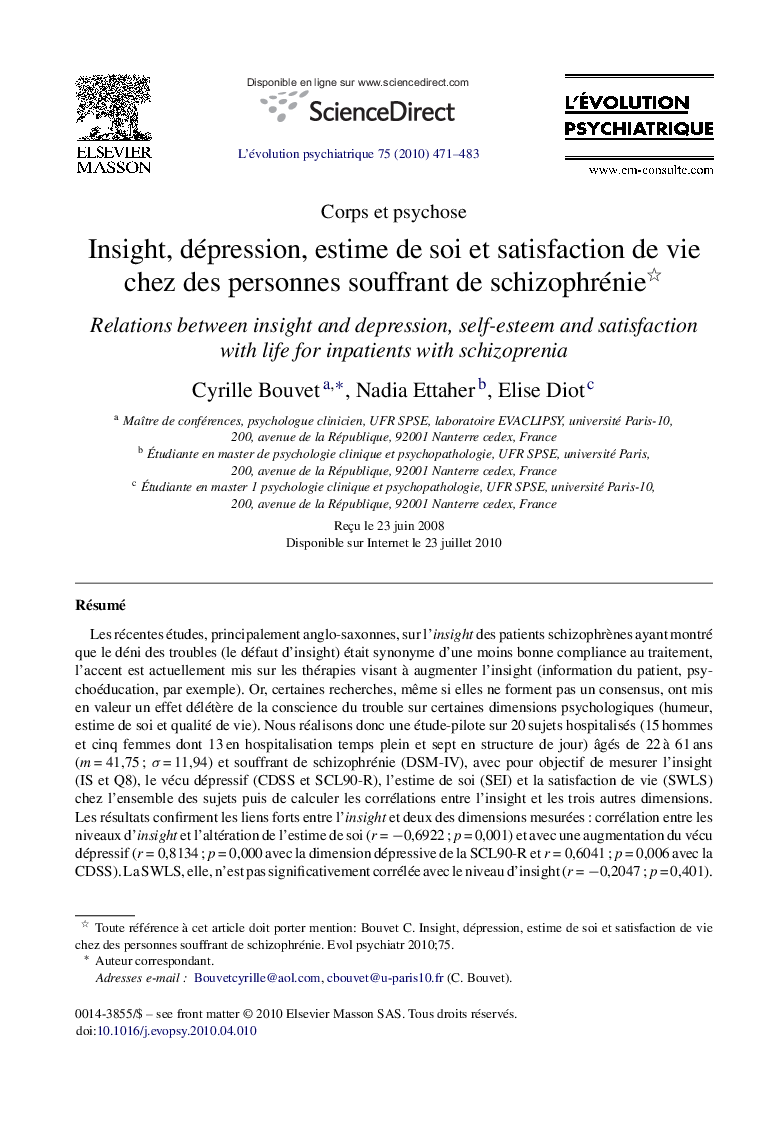 Insight, dépression, estime de soi et satisfaction de vie chez des personnes souffrant de schizophrénie 