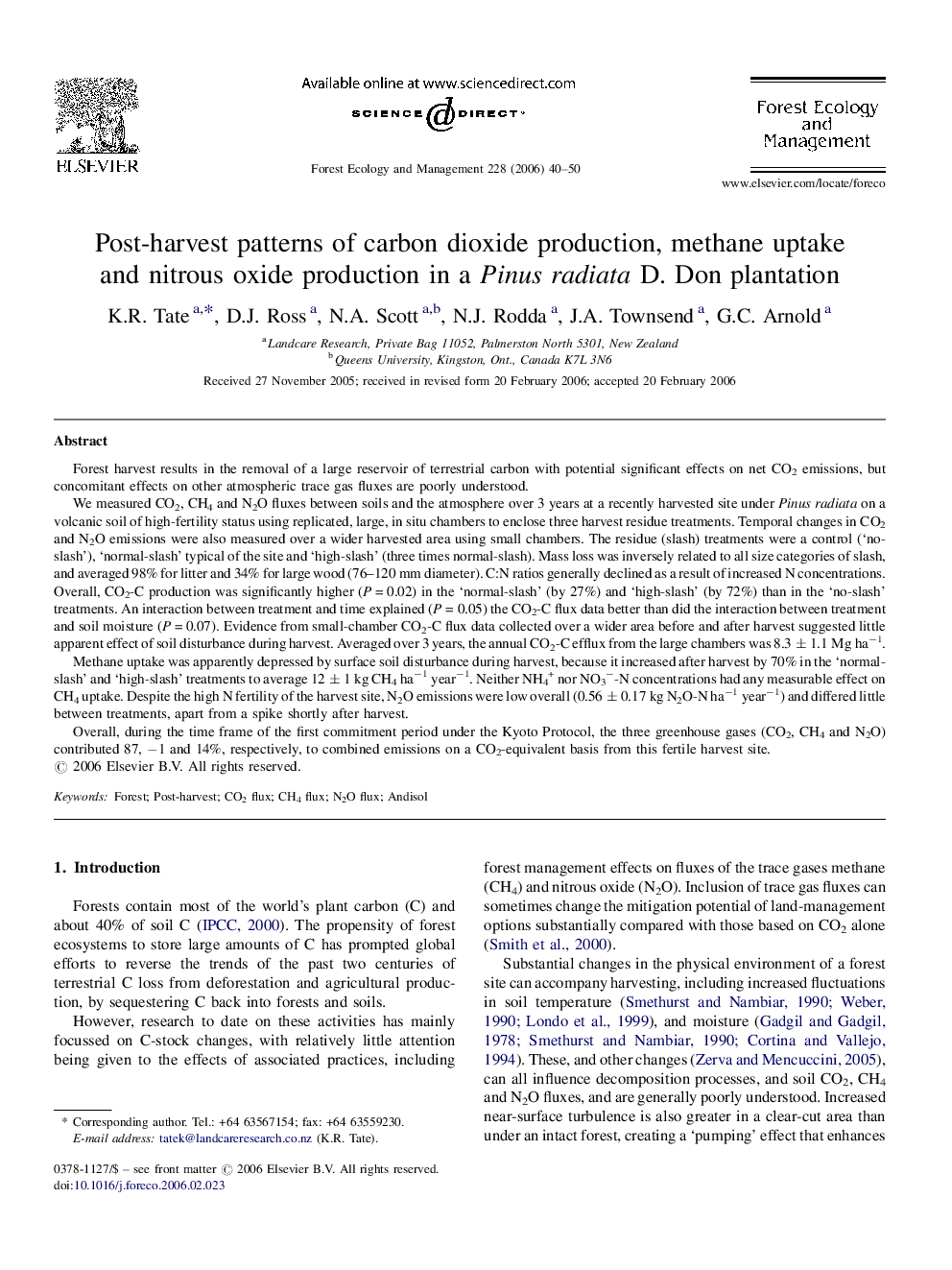 Post-harvest patterns of carbon dioxide production, methane uptake and nitrous oxide production in a Pinus radiata D. Don plantation