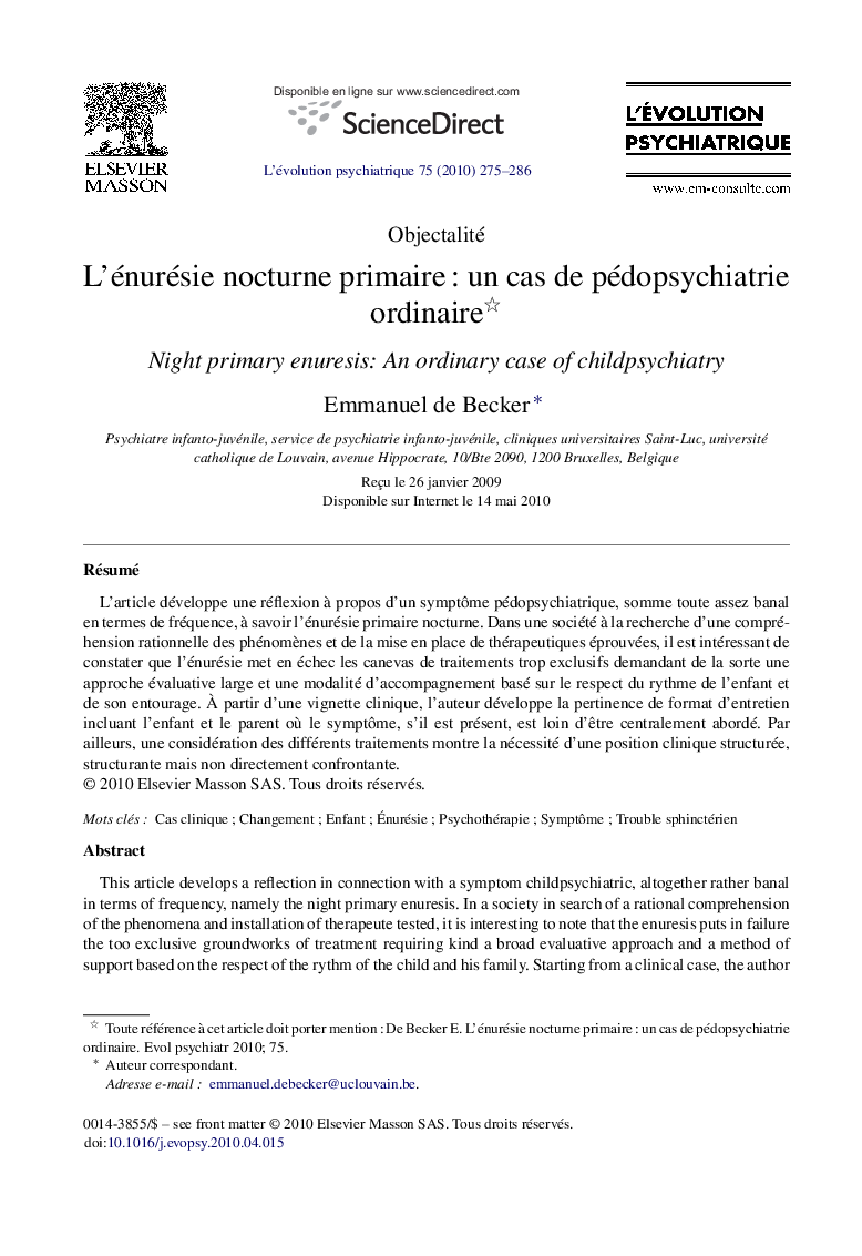 L’énurésie nocturne primaire : un cas de pédopsychiatrie ordinaire 