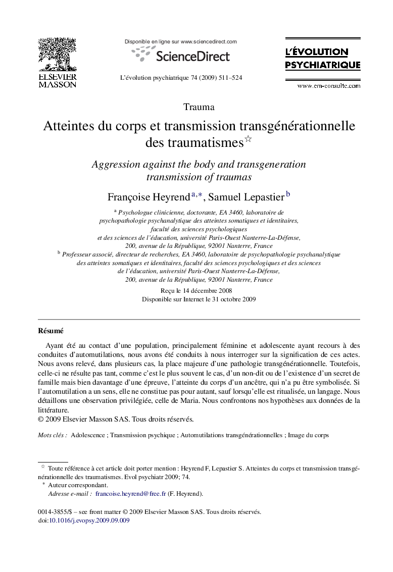 Atteintes du corps et transmission transgénérationnelle des traumatismes