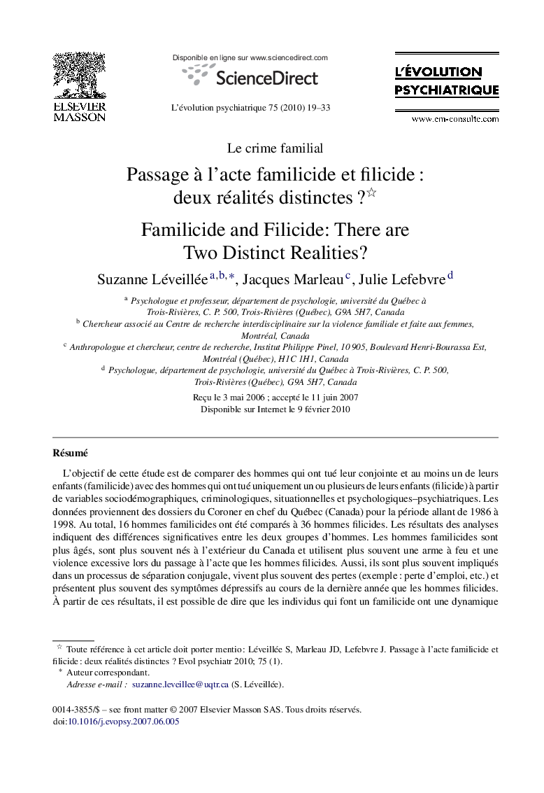 Passage à l’acte familicide et filicide : deux réalités distinctes ? 