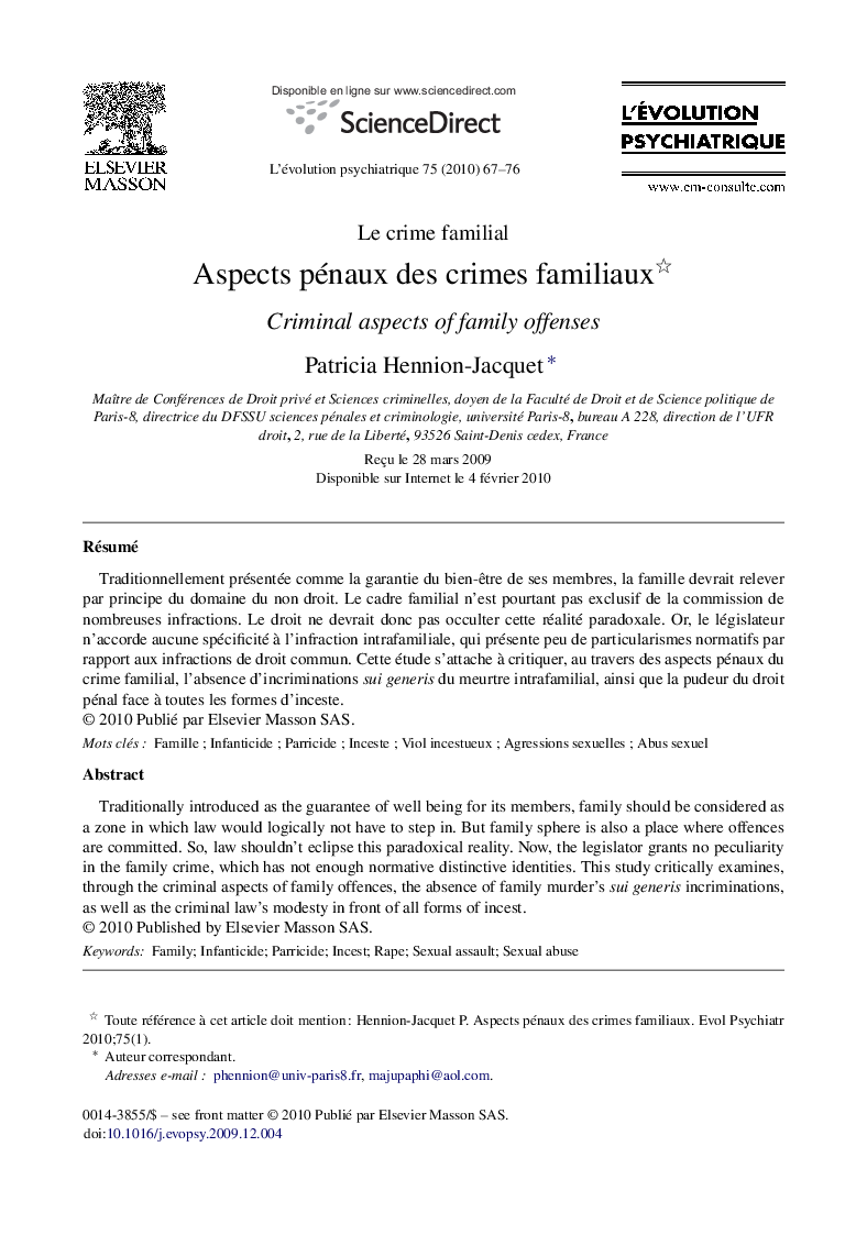 Aspects pénaux des crimes familiaux 