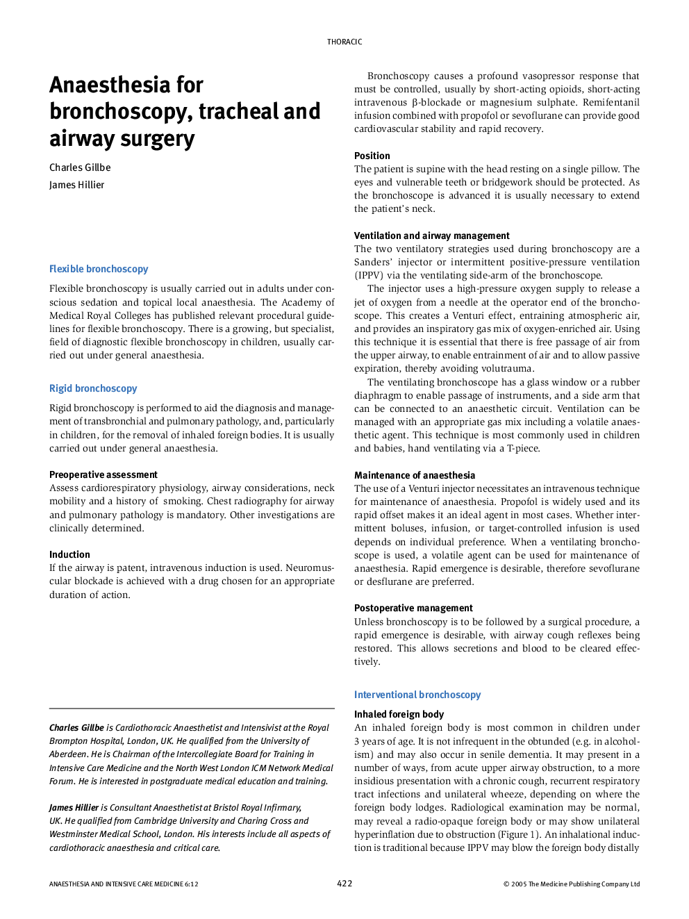 Anaesthesia for bronchoscopy, tracheal and airway surgery