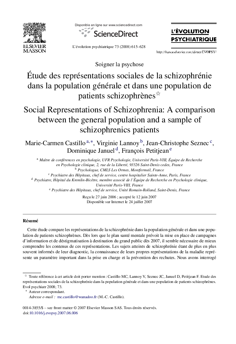 Étude des représentations sociales de la schizophrénie dans la population générale et dans une population de patients schizophrènes 