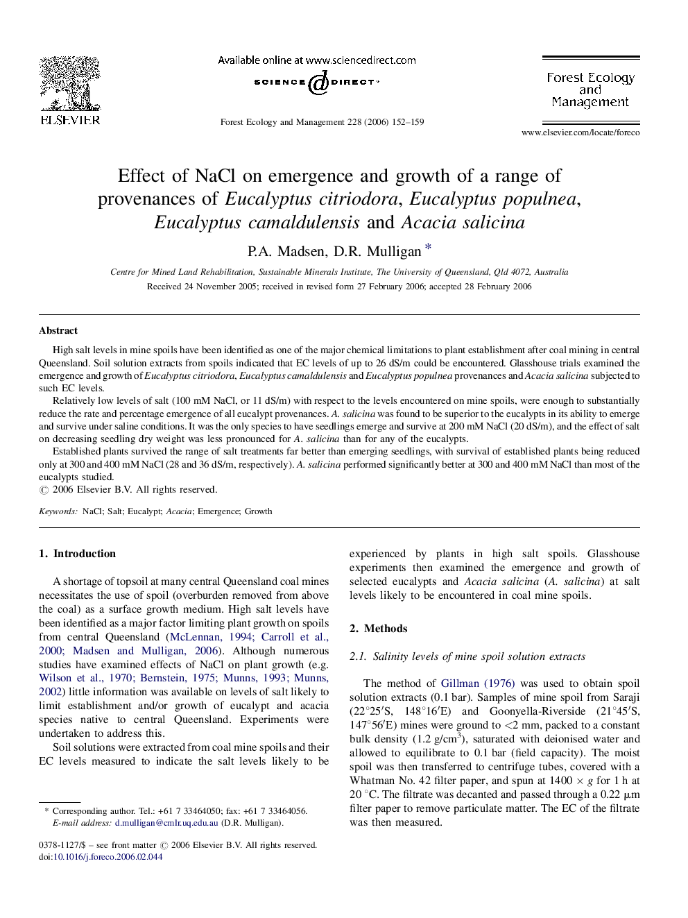 Effect of NaCl on emergence and growth of a range of provenances of Eucalyptus citriodora, Eucalyptus populnea, Eucalyptus camaldulensis and Acacia salicina