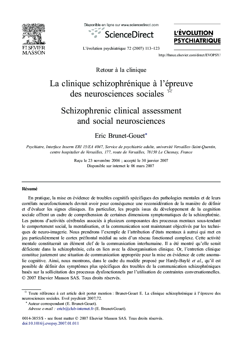 La clinique schizophrénique à l'épreuve des neurosciences sociales 