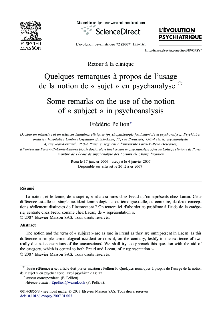 Quelques remarques à propos de l'usage de la notion de « sujet » en psychanalyse 