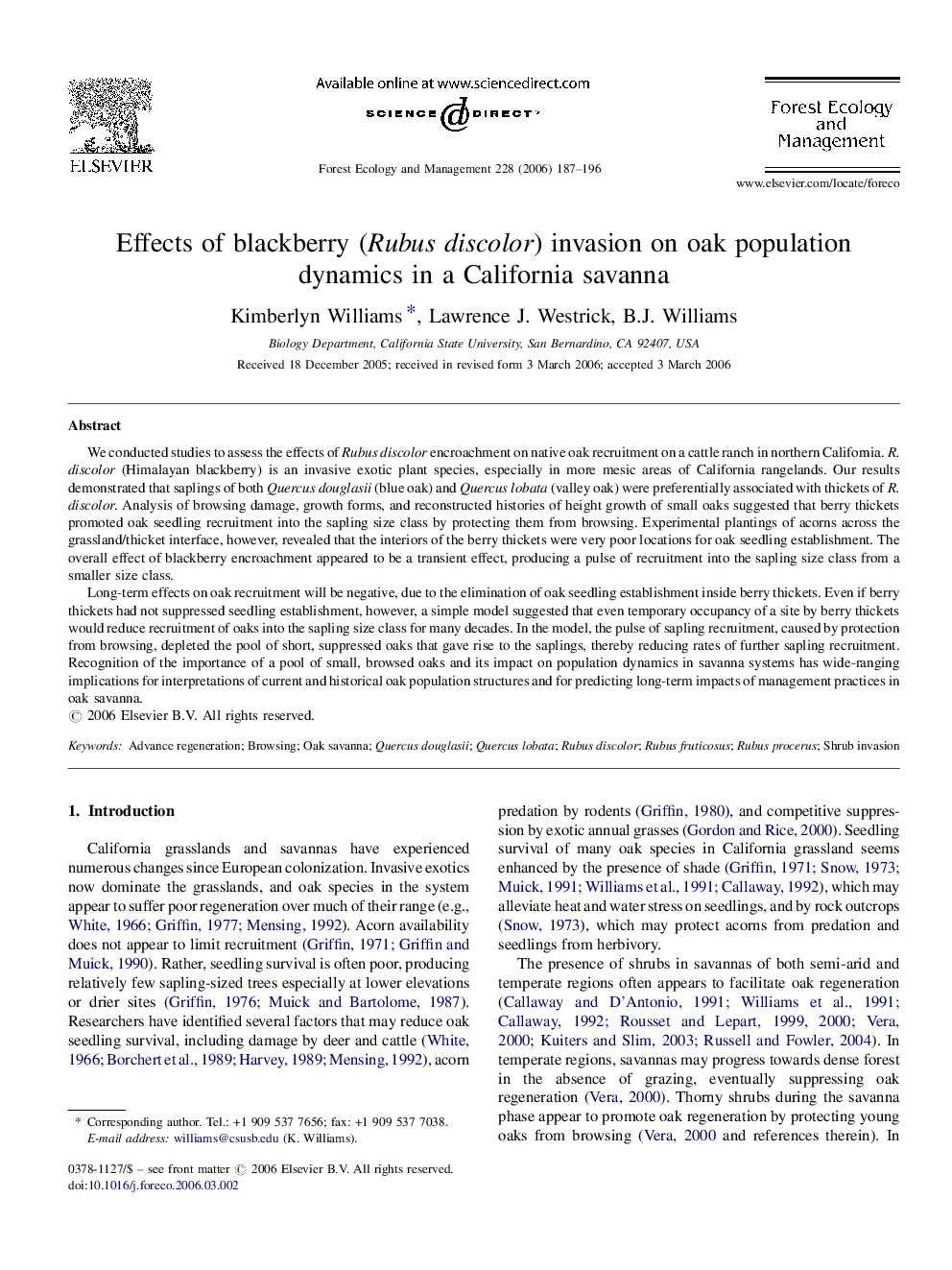 Effects of blackberry (Rubus discolor) invasion on oak population dynamics in a California savanna