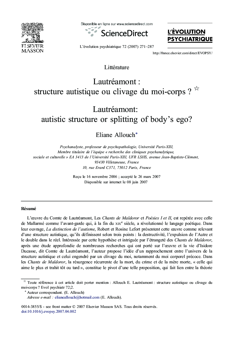 Lautréamont : structure autistique ou clivage du moi-corps ? 