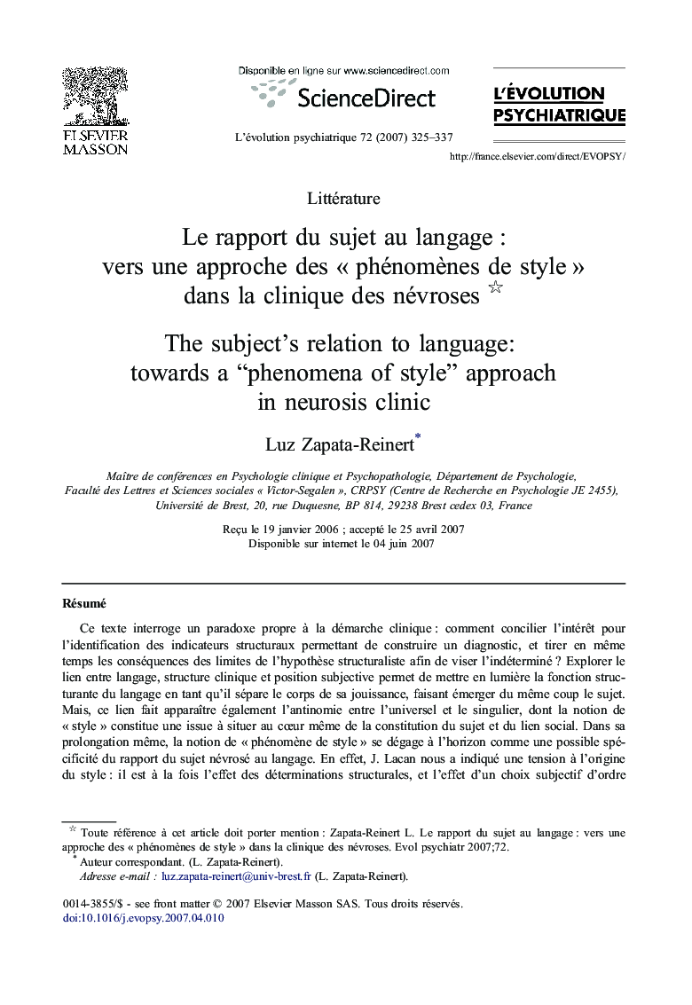 Le rapport du sujet au langage : vers une approche des « phénomènes de style » dans la clinique des névroses 