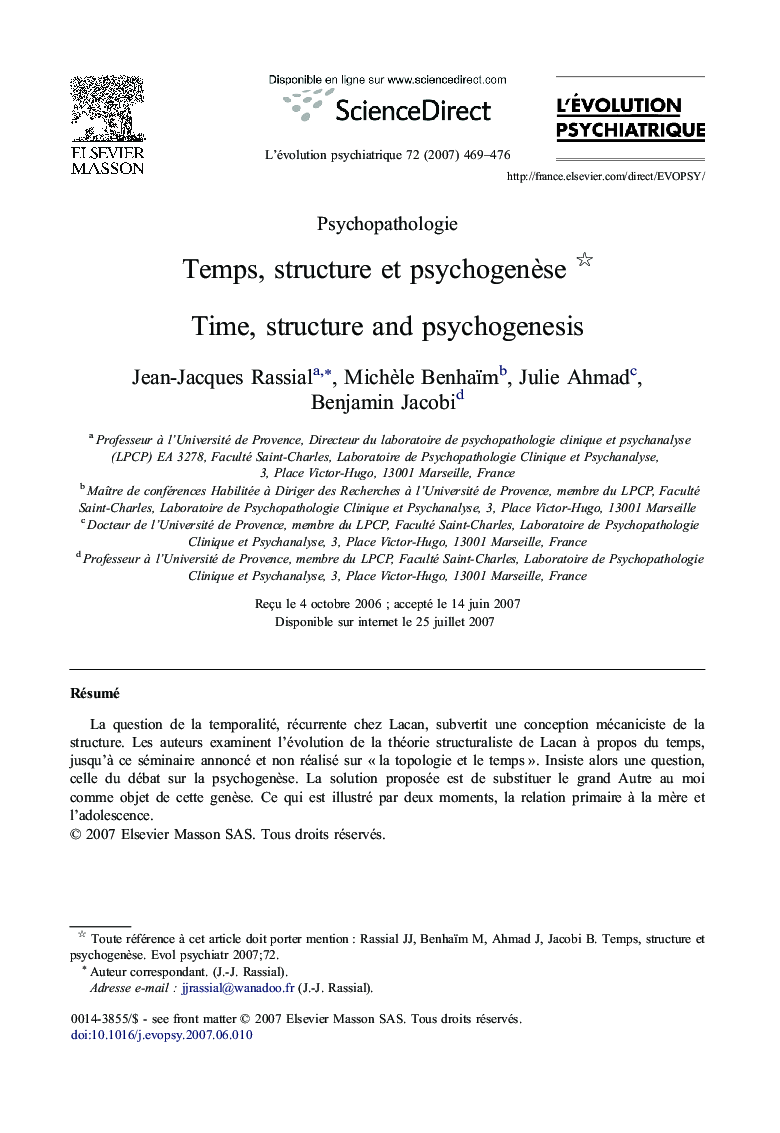 Temps, structure et psychogenèse 