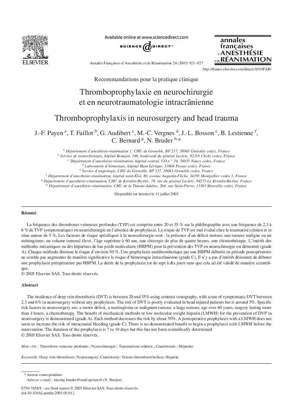 Thromboprophylaxie en neurochirurgie et en neurotraumatologie intracrÃ¢nienne