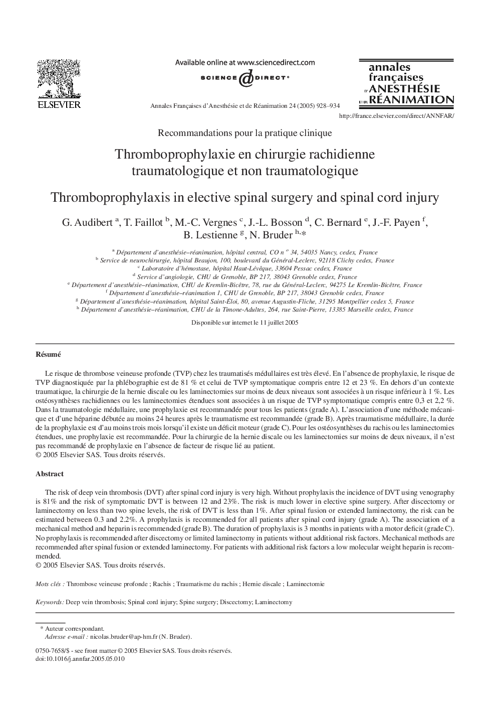 Thromboprophylaxie en chirurgie rachidienne traumatologique et non traumatologique