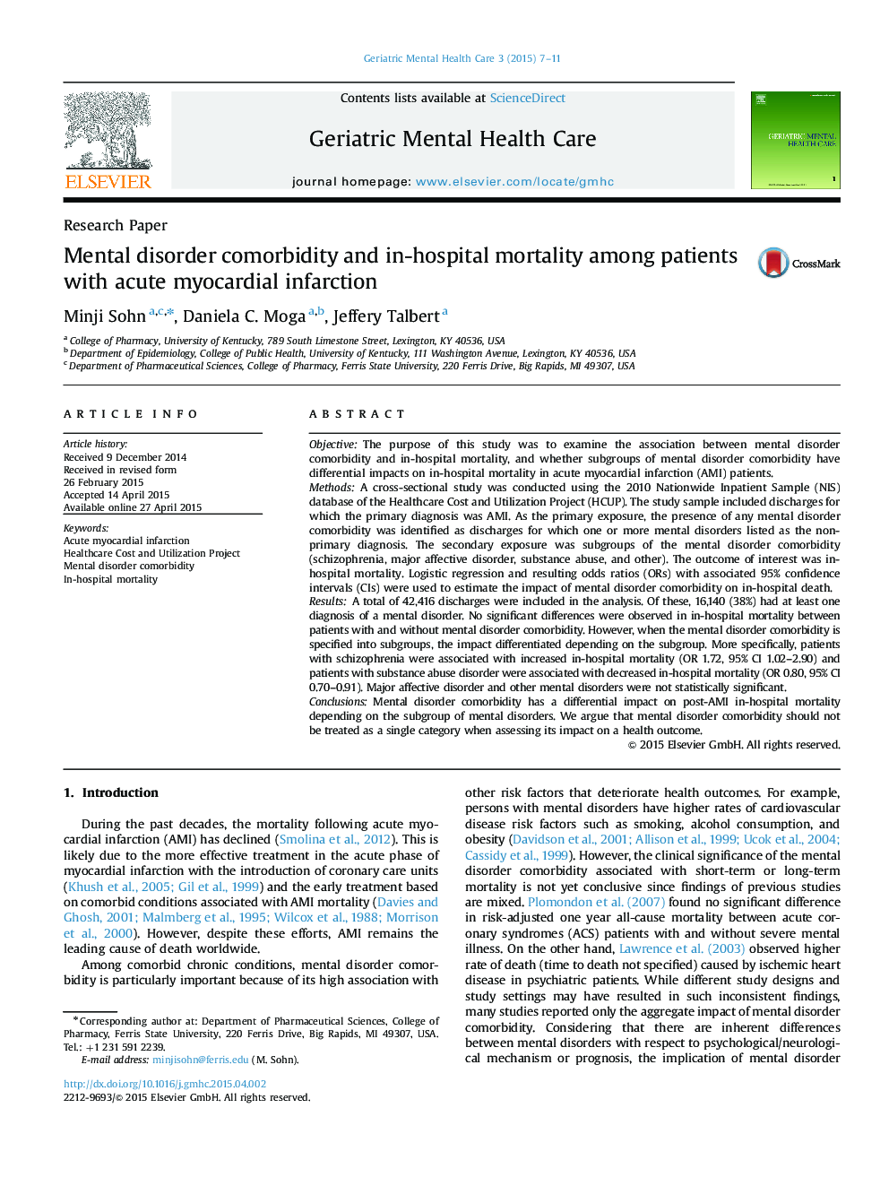 Mental disorder comorbidity and in-hospital mortality among patients with acute myocardial infarction