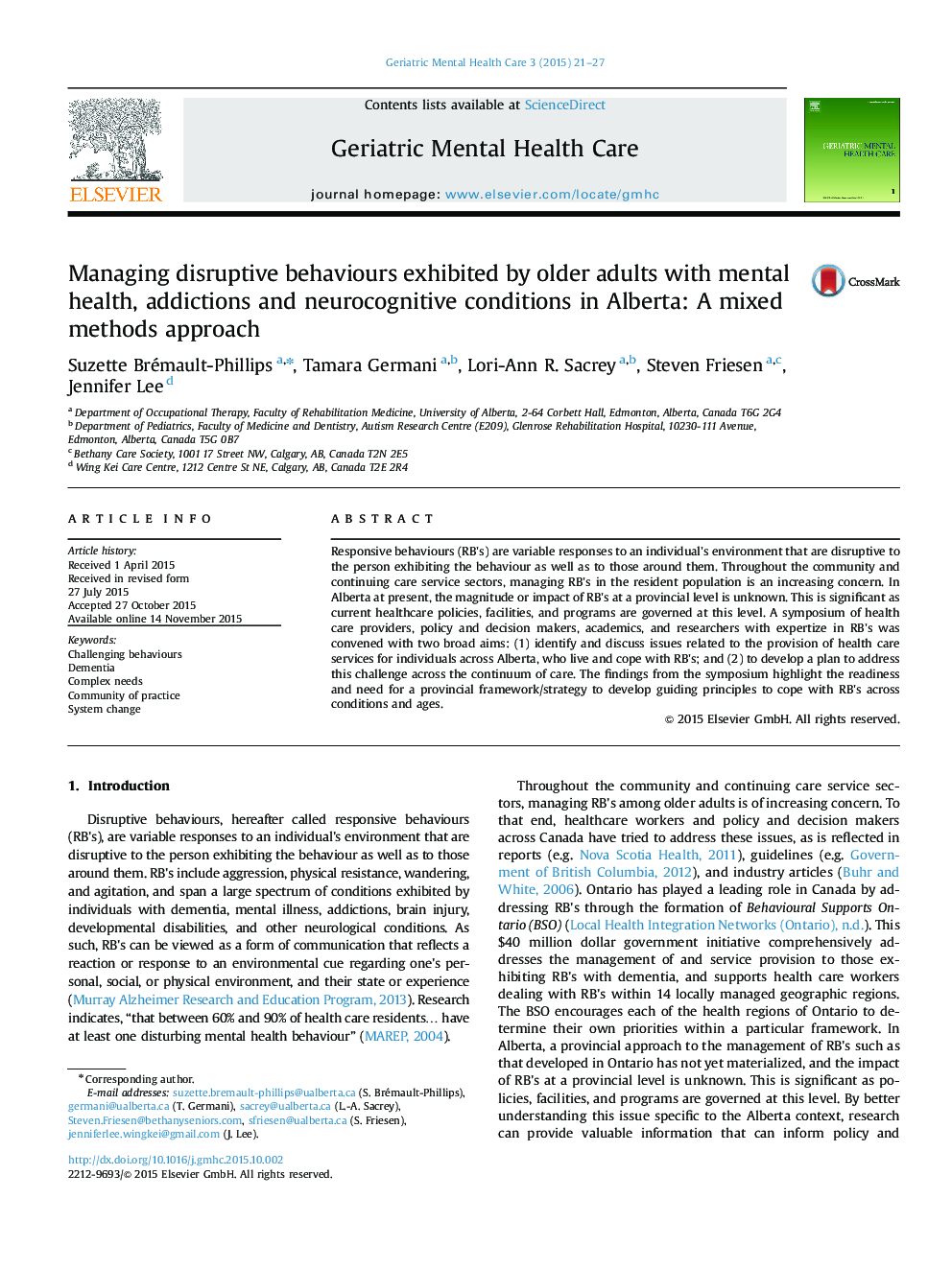 Managing disruptive behaviours exhibited by older adults with mental health, addictions and neurocognitive conditions in Alberta: A mixed methods approach