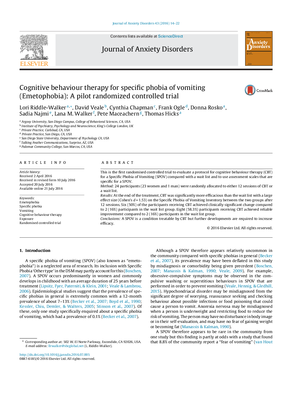 Cognitive behaviour therapy for specific phobia of vomiting (Emetophobia): A pilot randomized controlled trial