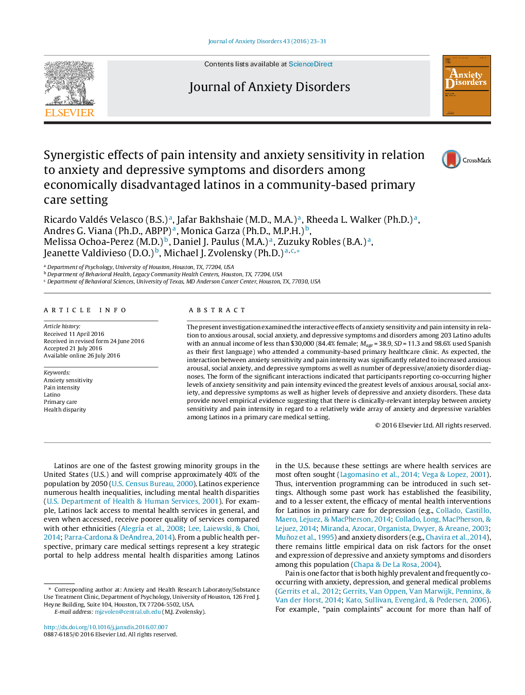 Synergistic effects of pain intensity and anxiety sensitivity in relation to anxiety and depressive symptoms and disorders among economically disadvantaged latinos in a community-based primary care setting