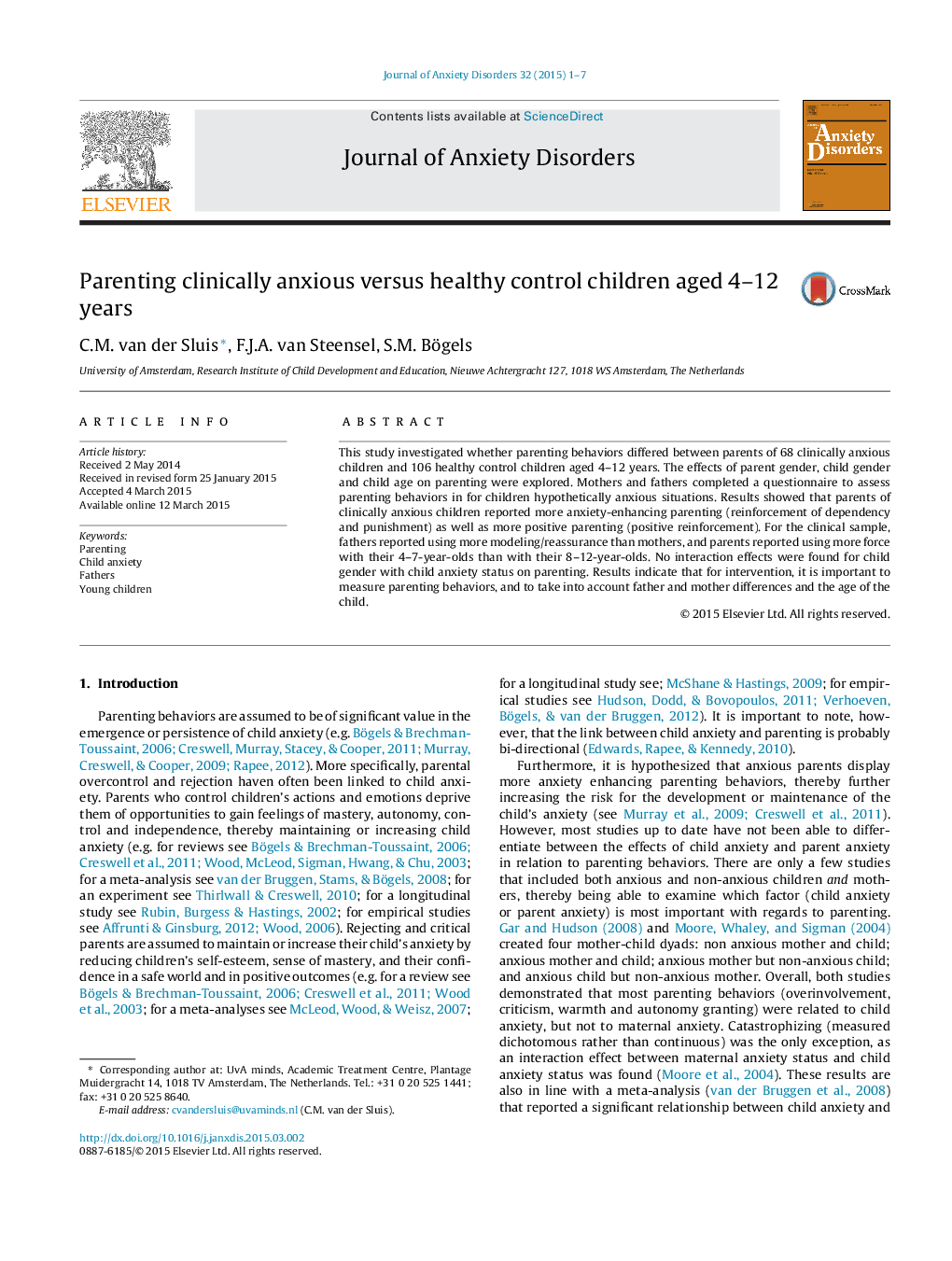 Parenting clinically anxious versus healthy control children aged 4–12 years