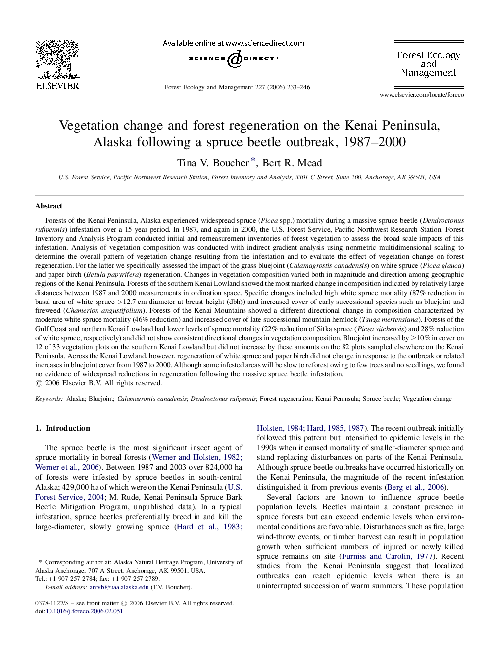 Vegetation change and forest regeneration on the Kenai Peninsula, Alaska following a spruce beetle outbreak, 1987–2000