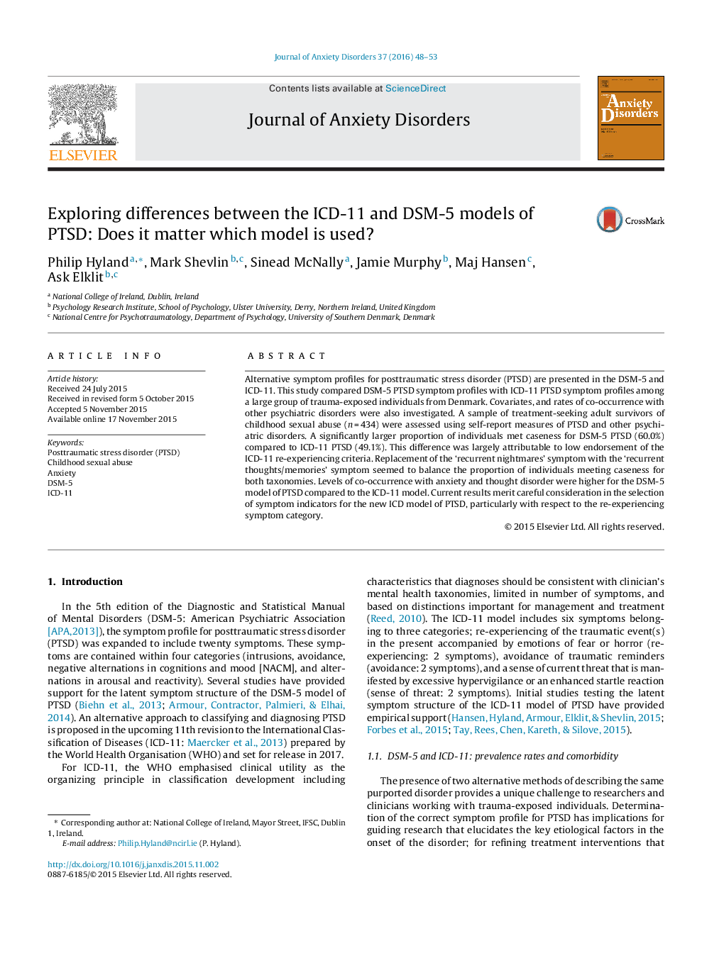 Exploring differences between the ICD-11 and DSM-5 models of PTSD: Does it matter which model is used?