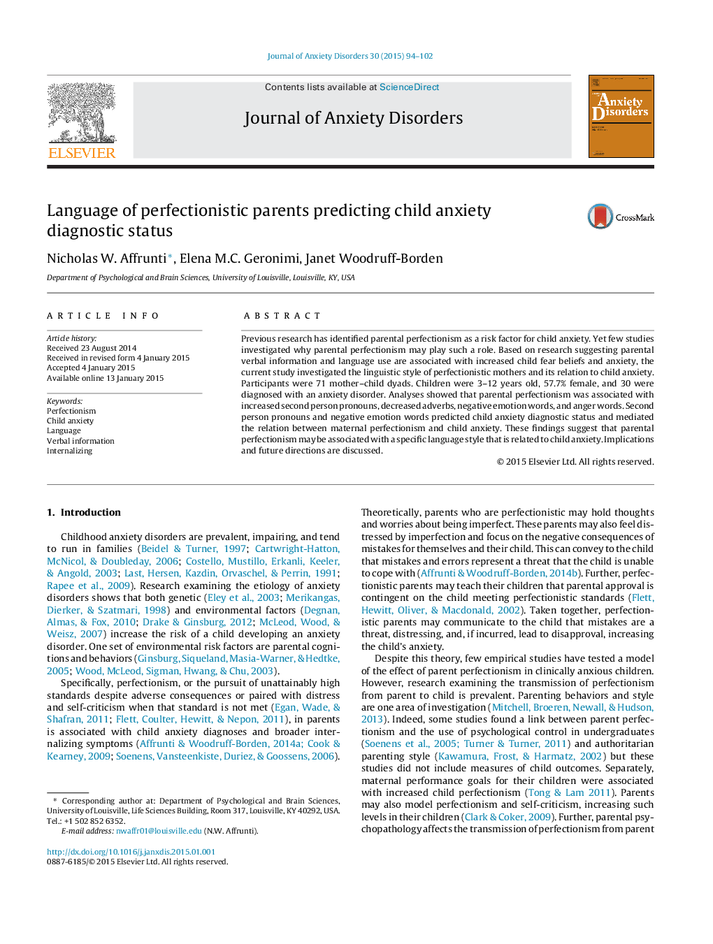 Language of perfectionistic parents predicting child anxiety diagnostic status