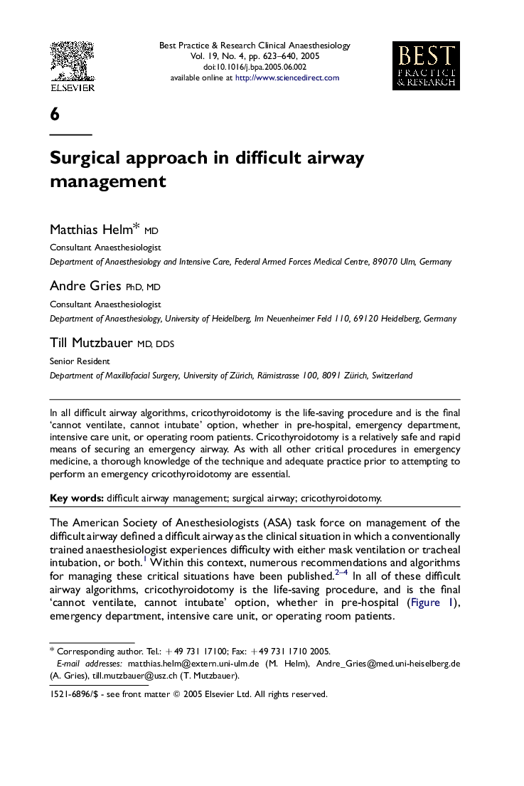 Surgical approach in difficult airway management