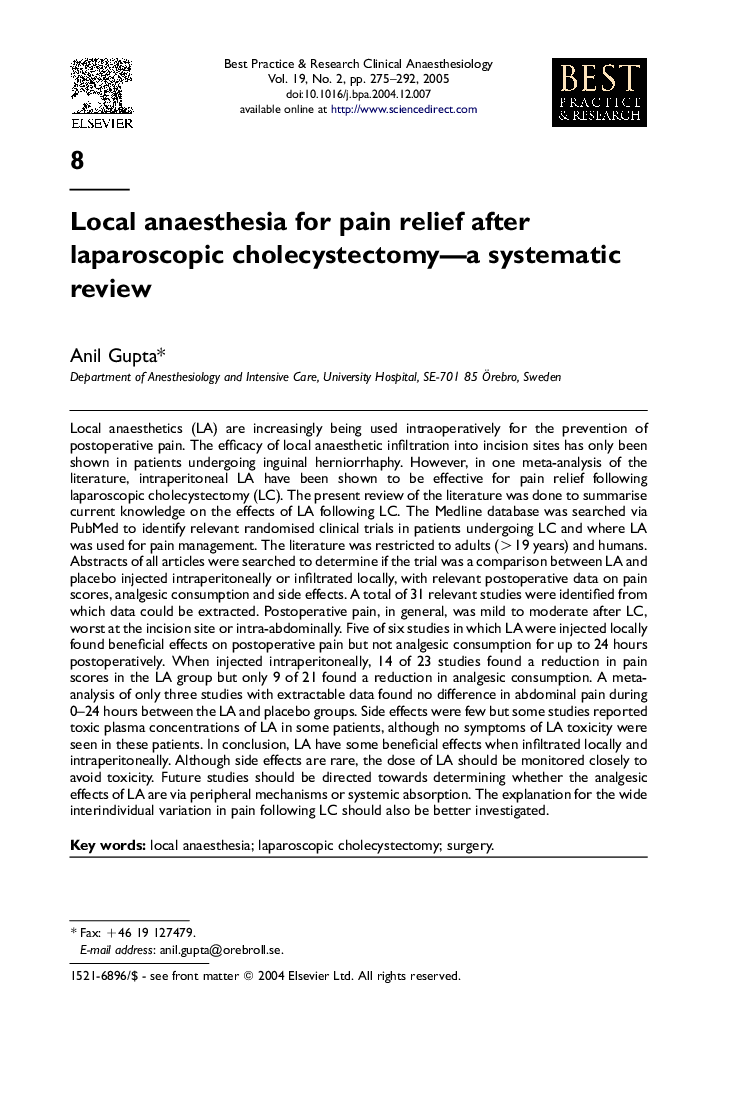 Local anaesthesia for pain relief after laparoscopic cholecystectomy-a systematic review