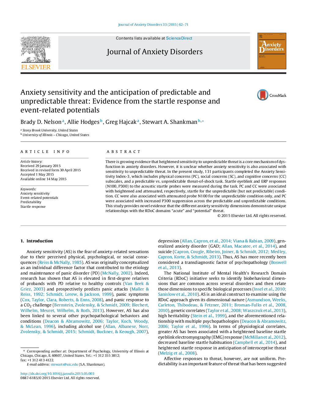 Anxiety sensitivity and the anticipation of predictable and unpredictable threat: Evidence from the startle response and event-related potentials