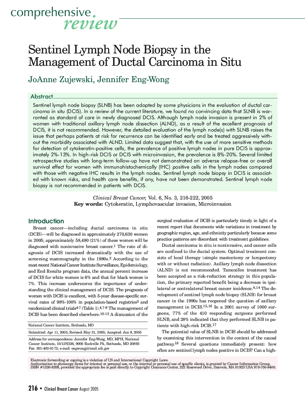Sentinel Lymph Node Biopsy in the Management of Ductal Carcinoma In Situ