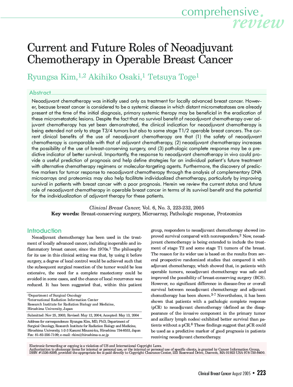 Current and Future Roles of Neoadjuvant Chemotherapy in Operable Breast Cancer