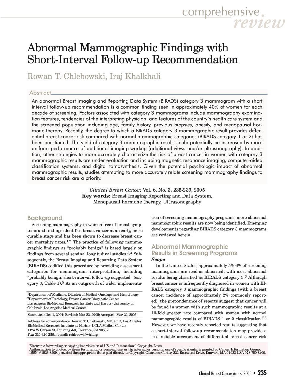 Abnormal Mammographic Findings with Short-Interval Follow-up Recommendation