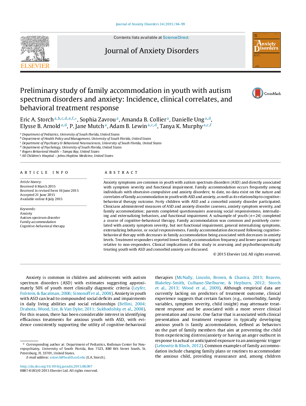 Preliminary study of family accommodation in youth with autism spectrum disorders and anxiety: Incidence, clinical correlates, and behavioral treatment response