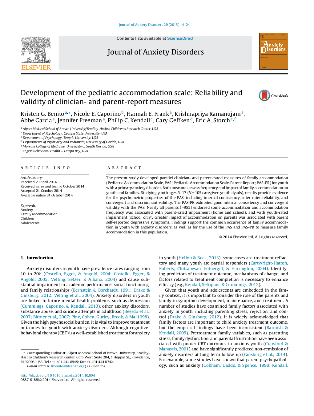 Development of the pediatric accommodation scale: Reliability and validity of clinician- and parent-report measures