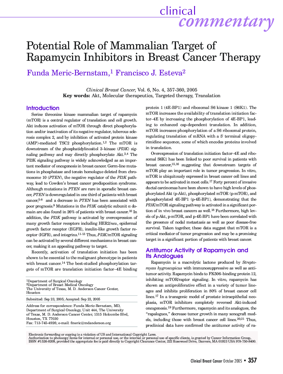 Potential Role of Mammalian Target of Rapamycin Inhibitors in Breast Cancer Therapy