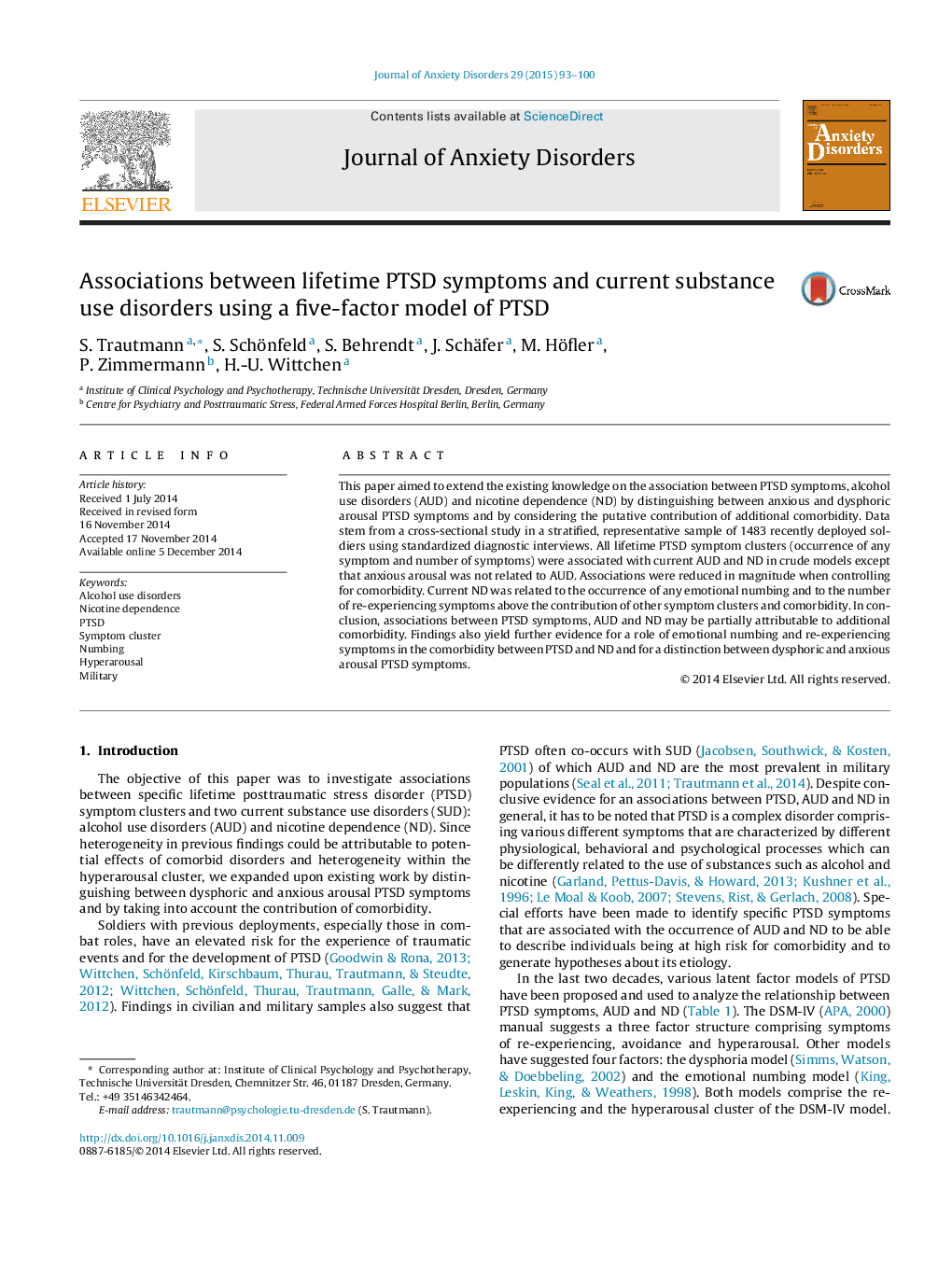 Associations between lifetime PTSD symptoms and current substance use disorders using a five-factor model of PTSD