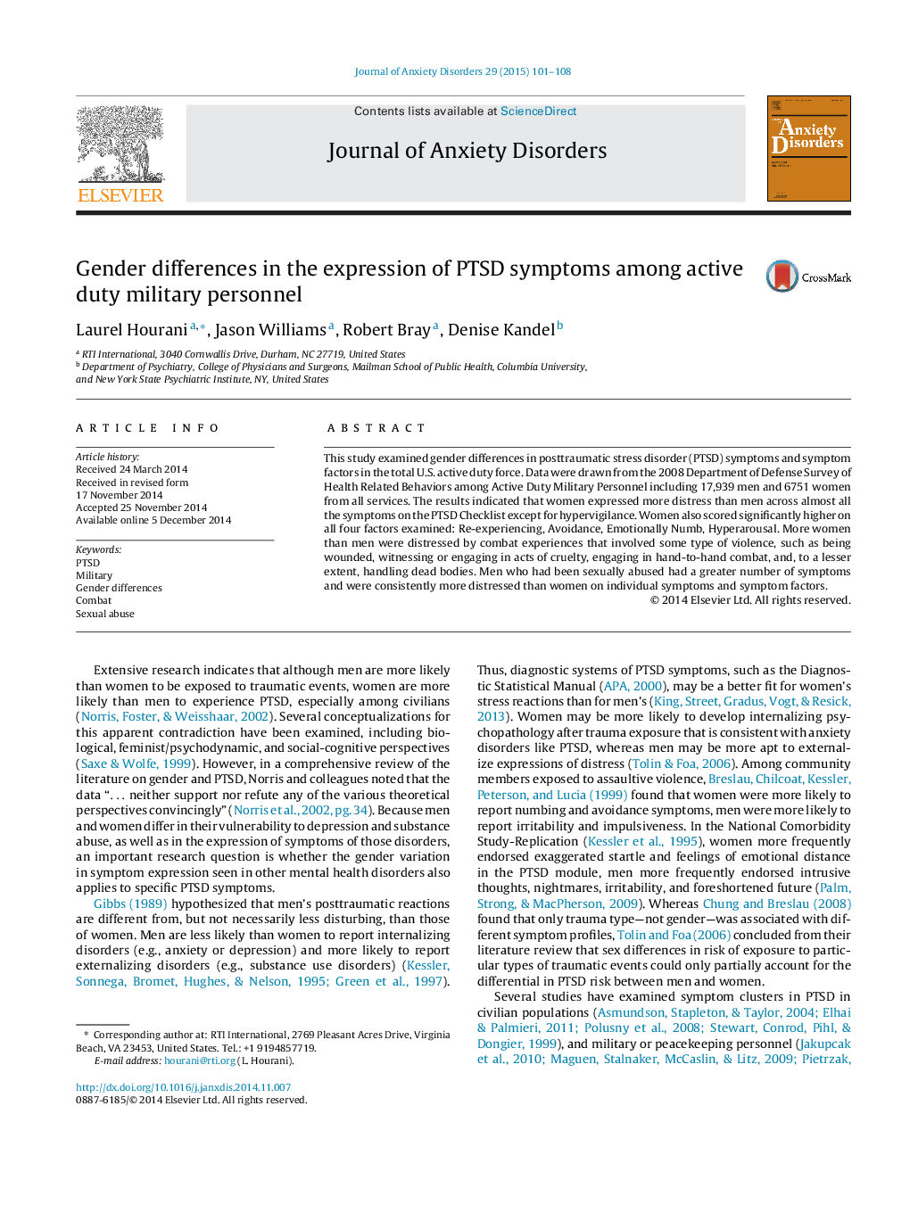 Gender differences in the expression of PTSD symptoms among active duty military personnel