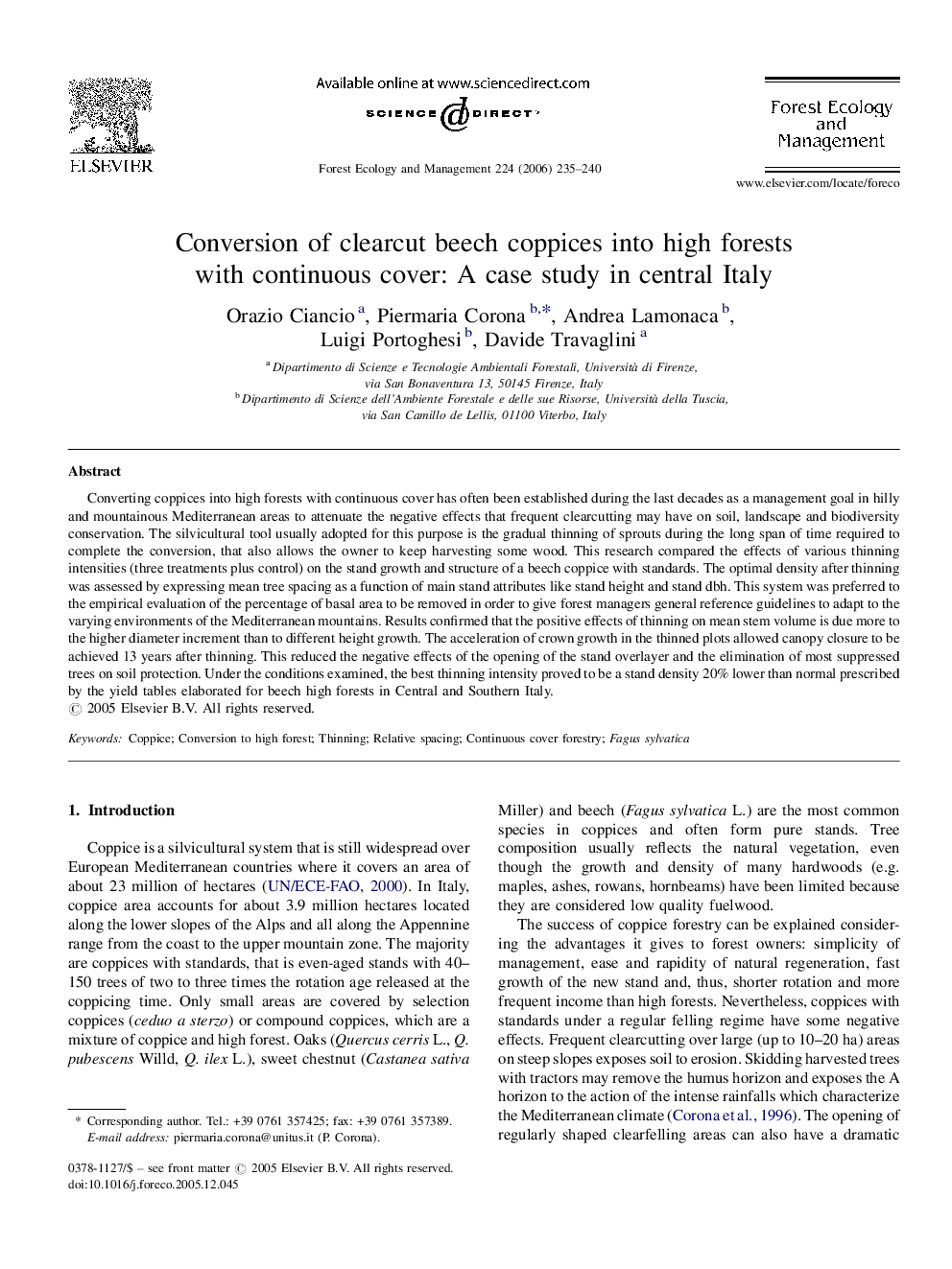 Conversion of clearcut beech coppices into high forests with continuous cover: A case study in central Italy